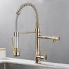 Kitchen Faucets Black and Golden Brass Pulling Sink Dual Outlet WaterCold Washing Basin Tap Deck Mounted Spring Mixer Taps 231211
