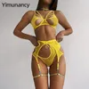 Soutien-gorge Ensembles Yimunancy 4pièce Mesh Exotique Set Femmes Tour de Cou Bandage Fantaisie Kit Jaune Découpé Lingerie Sexy 231211