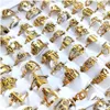 Band Rings 100Pcs/Lot Laser Cutting For Women Styles Mix Gold Stainless Steel Charm Ring Girls Birthday Party Favor Female Beautif J Dhqcx