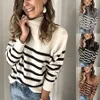 Classic Striped With Shoulder Buttons Pullover Sweater Knitted Women Autumn Winter Long Sleeve Turtleneck Ladies Knitwear