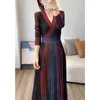 Casual Dresses Women Luxury Elegant Evening Party Dress Fashion V Neck Long Sleeve Patchwork Vintage Design Women's Prom Autumn Robe