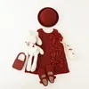 Robes de fille en velours pour enfants, tenue de noël, automne-hiver, avec nœud à fond épais, pour bébé rouge, 90-130cm