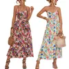 Casual Dresses Womens Summer Floral Printed V-hals Crisscross bunden rygglös lång cami klänning hög midja lår split flowy a-line