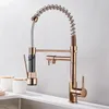 Kitchen Faucets Black and Golden Brass Pulling Sink Dual Outlet WaterCold Washing Basin Tap Deck Mounted Spring Mixer Taps 231211