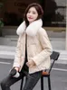 Women's Leather Women Real Fur Collar Down Jacket Winter Fashion Casual Loose Warm Sheepskin White Duck Coat Split