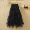 Jupes Tulle jupes femmes Faldas jer Moda 2021 mode élastique taille haute maille Tutu Maxi plissé longue Midi Saias Jupe femmes JupeL231212