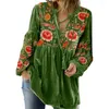 Women's Blouses Women Top V Neck Retro Flower Print Long Sleeve Loose Drawstring Pullover Pleated Mid Length Patchwork Soft Fall Sprin