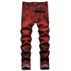 Jeans pour hommes Hommes Tie and Dye Stretch Denim Brick Red Slim Pantalon droit Pantalon Streetwear