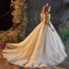 Luxury Long Flower Girl Dresses Jewel Neck Tulle Fullärmar med spets Applique Ball Glows golvlängd Anpassad för bröllopsfest
