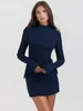 Casual Dresses Ryfix Elegant Dark Blue Pending Mini Women Dress 2023 Autumn Sexig Ficka långärmad Bodycon Lady Chic Party Club Robe