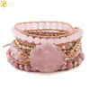 CSJA Bracciale in pietra naturale Braccialetti avvolgenti in pelle di quarzo rosa per le donne Gemme rosa Perline di cristallo Gioielli Boemia 5 fili S308 220287a