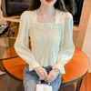 Kvinnor Bluses Youth Square Collar Sweet Shirts Fashion Long Sleeve Female Clothing Elastic Solid Chiffon Blue Elegant Blusas 25298