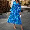 Vestidos casuales Moda de verano Puff Manga Maxi Boho Mujer V Cuello Vintage Floral Vestido de fiesta Damas Playa Flor Bohemio Mujeres