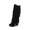 Boots Flock Winter Women High Heels Knee Bota Shoes Female Fringe Tassels Fashion Long Woman Pink Black 41 42 43