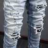Men's Jeans High Street Fashion Men Jeans Retro Light Blue Elastic Stretch Skinny Ripped Jeans Men Patch Designer Hip Hop Brand Pants Hombre Q231213