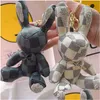 Key Rings Animal Rabbit Keyrings Pu Leather Luxury Rhinestone Chains Jewelry Mashing Black Brown Flower Plaid Plaid Bag Bag Charm DHMP8