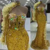 2024 Aso EB Gold Mermaid Robe de bal Cristaux Paillettes Dentelle Soirée Formelle Deuxième réception Anniversaire Robes de fiançailles Robes Robe de soirée ZJ02