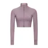 LL Women Caquetas con cremallera Mujeres Capasas de cultivo cortas Carrera Deportiva Jacket de la manga larga Collar de collar de pie de pie