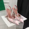 AMINA MUADDI Wedding Dress Shoes 8cm High Heels Transparent Begum Crystal Embellished Leather Slingback Pumps Pink Women Shoes Rhinestone Sandals