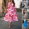 Vestidos casuales Moda de verano Puff Manga Maxi Boho Mujer V Cuello Vintage Floral Vestido de fiesta Damas Playa Flor Bohemio Mujeres