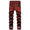 Jeans pour hommes Hommes Tie and Dye Stretch Denim Brick Red Slim Pantalon droit Pantalon Streetwear