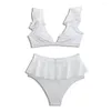 Mulheres Swimwear Sexy V Neck Branco Nervuras Cintura Alta Biquíni Mulheres Separadas Ruffle Swimsuit Front Buckle 2023 Beach Swim Bath Terno