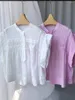 Blusas femininas doce branco ou rosa plissado camisa solta senhoras sem mangas bainha irregular gola curta topos com botões