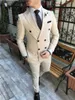 Dubbelbröstade män kostymer beige/blå brudgummen smoking topp lapel brudgummen bröllop/prom/middag man blazer brudgum 2 bitar (jacka + byxor + fluga) l655