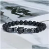 Bracciale con ciondoli leopardo lupo gotico con perline per uomo Pietra lavica naturale del vulcano Pietra blu nera Braccialetti con perline fatti a mano 8 mm Ebreo con perline Dhlim