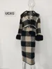 Vestidos de trabalho UCXQ temperamento preto branco xadrez peludo manguito casaco de lã mulheres inverno 2023 outono elegante cintura alta midi saia conjuntos de duas peças