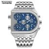 Temeite Top marque hommes grand cadran 3 fuseau horaire affaires carré montres à Quartz hommes militaire étanche montre-bracelet Relogio Mascul240H