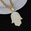 Hip Hop mode bijoux cuivre glacé Zircon plaqué or Fatima Hamsa main pendentif palmier collier