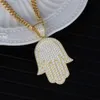 Joyería de moda de Hip Hop, collar de Palma con colgante de mano de Fátima Hamsa chapado en oro con circonita helada de cobre