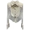 Women's Blouses 2023 Autumn Collection Long Sleeve Turn Down Collar Lace Mesh Patchwork Tweed Beige Shirt Women GL379