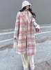 Women's Wool Blends Pink Check Pattern Worn Woolen Coat Suit Collar Jacket Women's Autumn Winter British Style Loose Middle Long Outerwear Female 231211