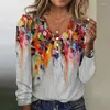 Women's Blouses 2024 Casual Spring Autumn Women Knitted Shirts Vintage Print Button V-neck Long Sleeve Loose Office Lady Party Top