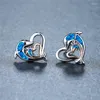 Stud Earrings Classic Rose Gold Silver Color Cute Animal Double Dolphin Blue Opal Love Heart For Women Wedding