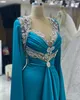 Blå sjöjungfrun aftonklänningar kristallpärlor o nackröd matta klänning långa ärmar formella prom klänningar elegant vestido de novia