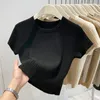 Frauen T Shirts Rundhals Breit Gestreiften Kurzarm Stricken Pullover T-shirt 2023 Herbst Temperament Cropped Top Frauen