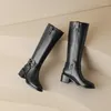 Boots Genuine Cowhide Leather Brown Black Knee High Cowboy Western Women With Metal Ring Chunky Heels Winter Shoes