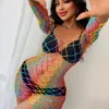 Kvinnor Rainbow Fishnet Lingerie Beach Wear Lady Sexig transparent kostym erotisk nät ihålig ut se genom bodycon klänning sexig