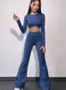 Kvinnors tvåbitar byxor Rhinestone Crop Topps Tracksuit Women Casual Slim Long Sleeve Top High midje Flare Pant 2 Set Female 2023 Spring