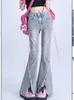 Damesjeans met hoge taille voor dames Koreaanse mode met split, streetwear stijl, taille flare broek, vintage broek dweilen denim