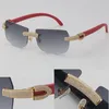 2022 Nouveau modèle de lunettes de soleil en diamant micro-pavé original en bois rouge lunettes de soleil sans monture en or 18 carats C décoration mâle femme lunettes UV 4246e