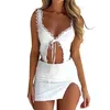 Skirts Women Summer 2 Piece Outfits Lace Ruffle Tie Front Camisole And Slits Mini Skirt Set For Streetwear Aesthetic Clothes