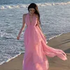 Vestidos casuales mujeres rosa sin respaldo plisado halter vendaje vestido largo verano moda sin mangas elegante fiesta noche 2023