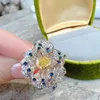 Кольца кластера милые женские желтые украшения сверкающий циркон Винтаж цветок обещание кольцо на палец роскошное серебряное обручальное кольцо