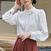 Bluzki damskie modny kwiat satynowy bluzka kobiety Długie rękaw Solidny elegancki szyfonowa koszula
