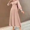 Ethnic Clothing Ramadan Saudi Arabia Solid Muslim Women's Long Sleeve O-neck Button Sun Dress Holiday Elegant Casual Islamic Dubai Robe