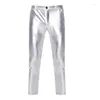 Men's Pants Fashion Silver Coated Metallic For Men 2023 PU Faux Motorcycle Straight Leg Trousers Nightclub Stage Costume